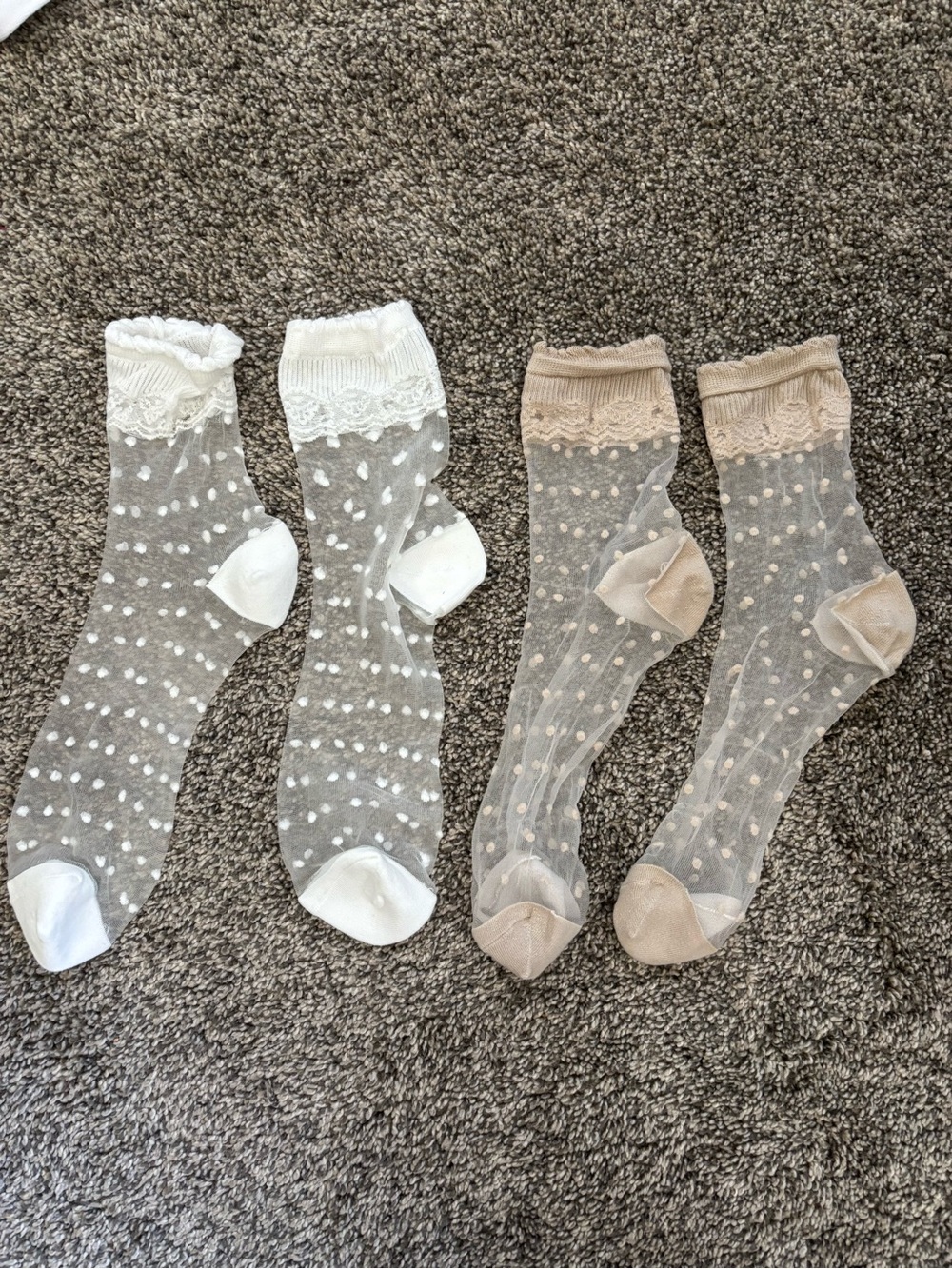 Sheer Polka Dot Lace Crew Socks - White and Beige